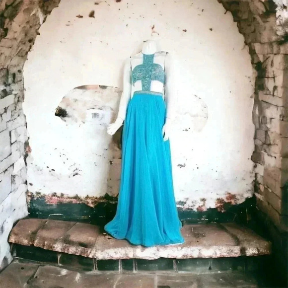 Angela & Allison Size 4 Sky Blue Beaded Floor Length Formal Gown Pageant 61146 - Picture 2 of 9